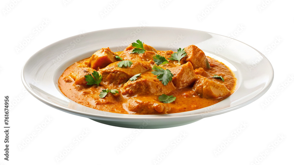 White plate of butter chicken curry. isolated on transparent background. White plate of butter chicken curry. isolated on transparent background.