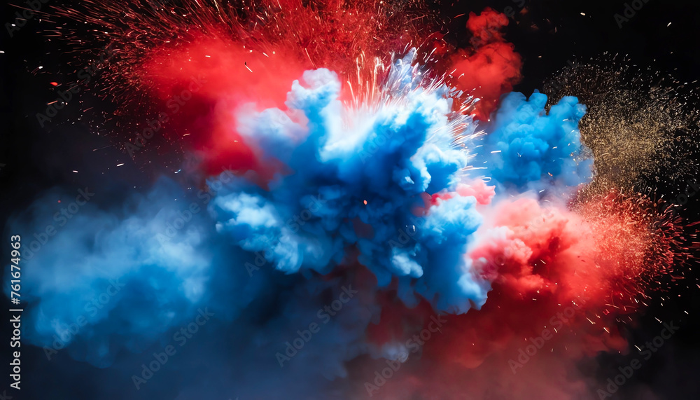 Background of dust explosions colored in red, white, and blue. A burst of fiery American flag colors 