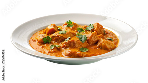 White plate of butter chicken curry. isolated on transparent background.