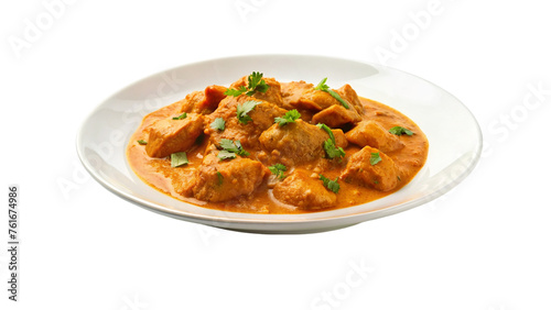 White plate of butter chicken curry. isolated on transparent background.