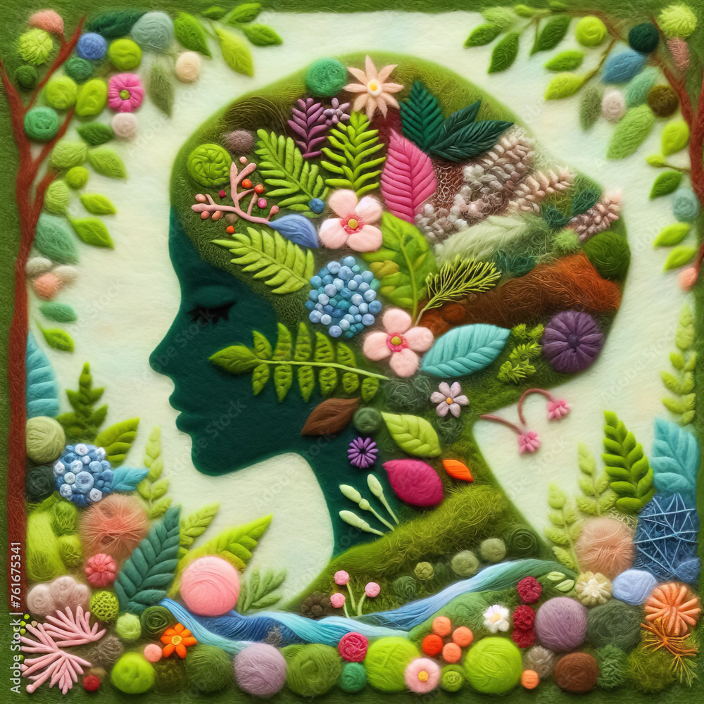 Felt art patchwork, woman's face profile with environmentally concept