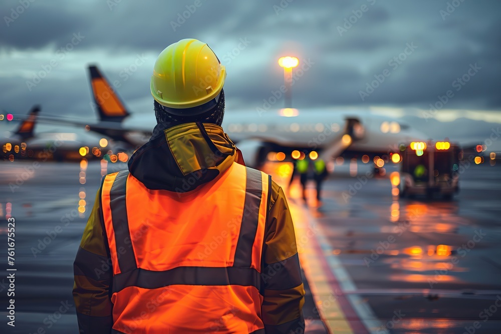 Dedicated Airport Ramp Agent Ensures Safety Amidst the Gleaming Lights ...