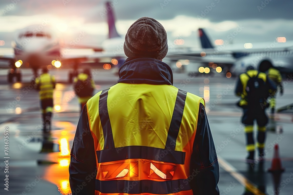 Dedicated Airport Ramp Agent Ensures Safety Amidst the Gleaming Lights of Parked Airplanes, a Testament to Aviation Ground Operations Excellence and Security.