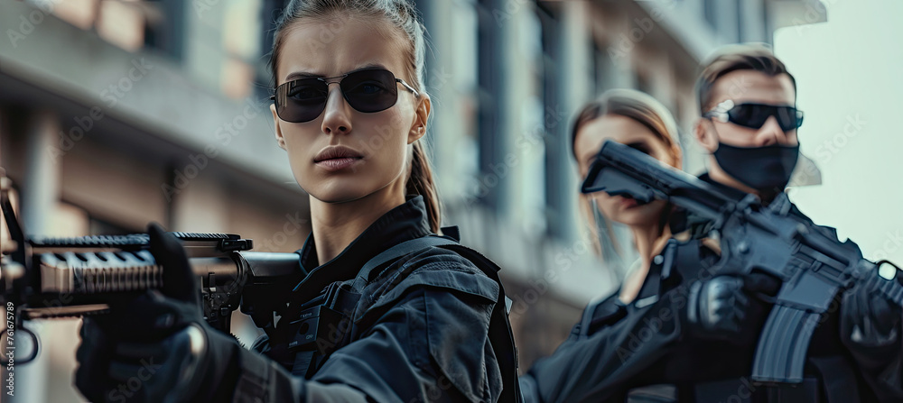 Fototapeta premium Professional Male and Female Armed Guards on Duty