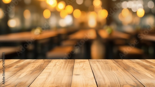 The empty wooden table top with blur background of restaurant. Exuberant image. generative AI