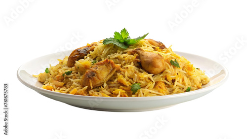 White plate of chicken biryani. isolated on transparent background.