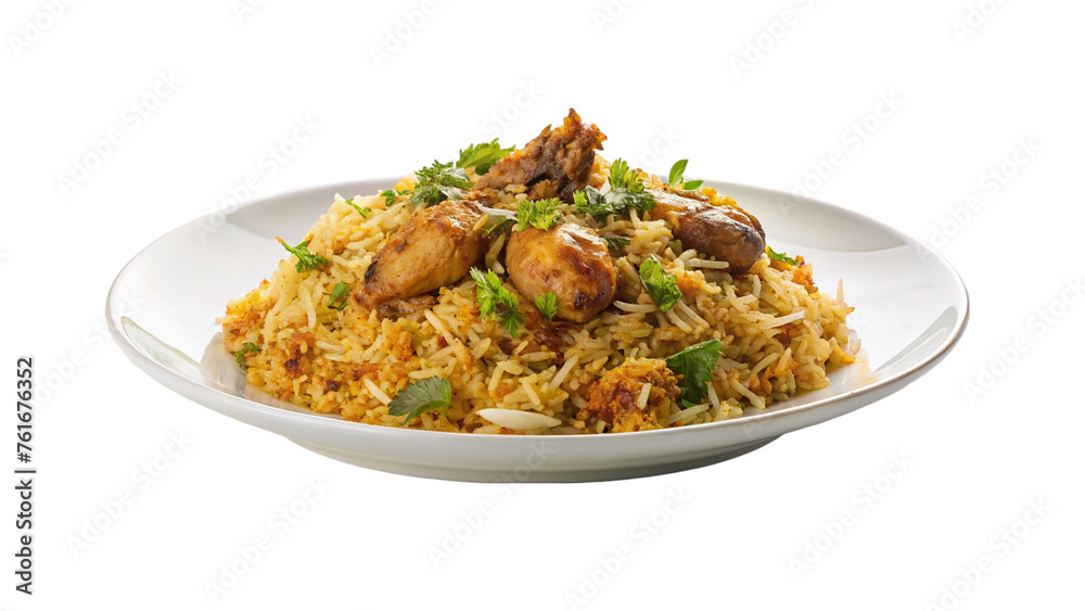 White plate of chicken biryani. isolated on transparent background. White plate of chicken biryani. isolated on transparent background.