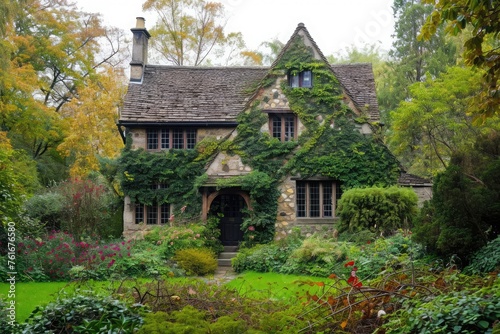 A two-story Victorian house with a beautiful and abundant ivy covering its walls, A Tudor-style cottage with ivy-clad walls sitting amidst an English garden, AI Generated