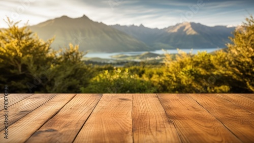 The empty wooden brown table top with blur background of New Zealand nature. Exuberant image. generative AI photo