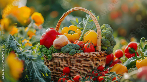 A colorful and fresh organic harvest of vegetables in a wicker basket in a lush garden setting.