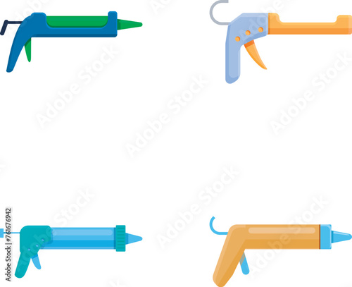 Silicone gun icons set cartoon vector. Metal silicone caulk gun. Construction and repair equipment
