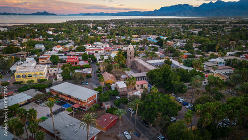 Fotografie drone fly above Loreto Baja California Sur Mexico old colonial town with sea gul