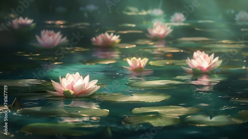 Water lilies floating serenely on a tranquil pond  their delicate petals kissed by the morning light.