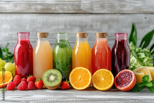 A photo showcasing a variety of juices, each with its own distinct flavor and color, arranged neatly on a table, A variety of fresh, organic juices in glass bottles, AI Generated