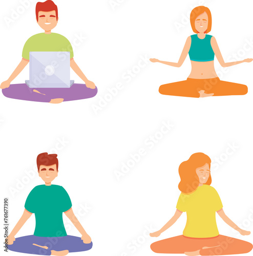 Meditating people icons set cartoon vector. Female and male in lotus posture. Yoga, healthy lifestyle