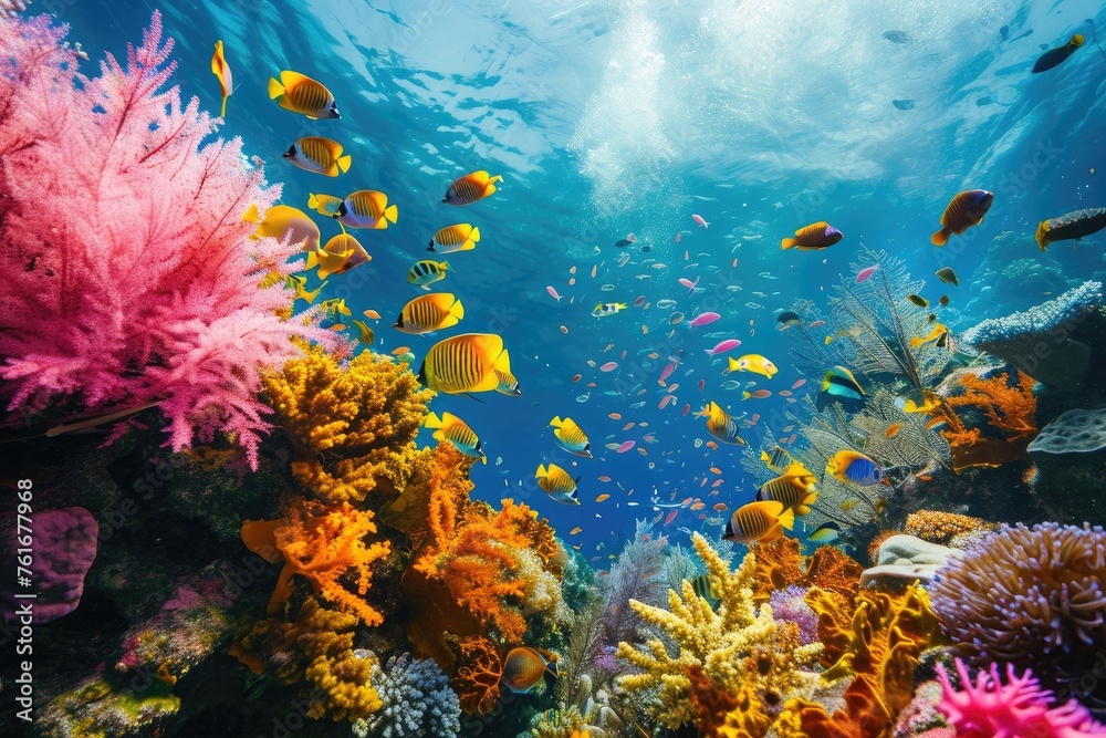 A dynamic scene capturing a large congregation of fish swimming over a vibrant coral reef, A vibrant coral reef bustling with tropical fish and marine life, AI Generated
