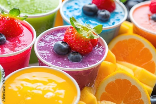 A vibrant close-up photo showcasing an array of cups filled with delicious and nutritious fruit smoothies, A vibrant, colorful display of various fruit smoothies in takeaway cups, AI Generated
