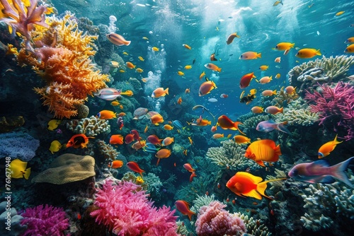 A dynamic scene of numerous fish swimming in a large group above a colorful coral reef, A vibrant coral reef bustling with tropical fish and marine life, AI Generated