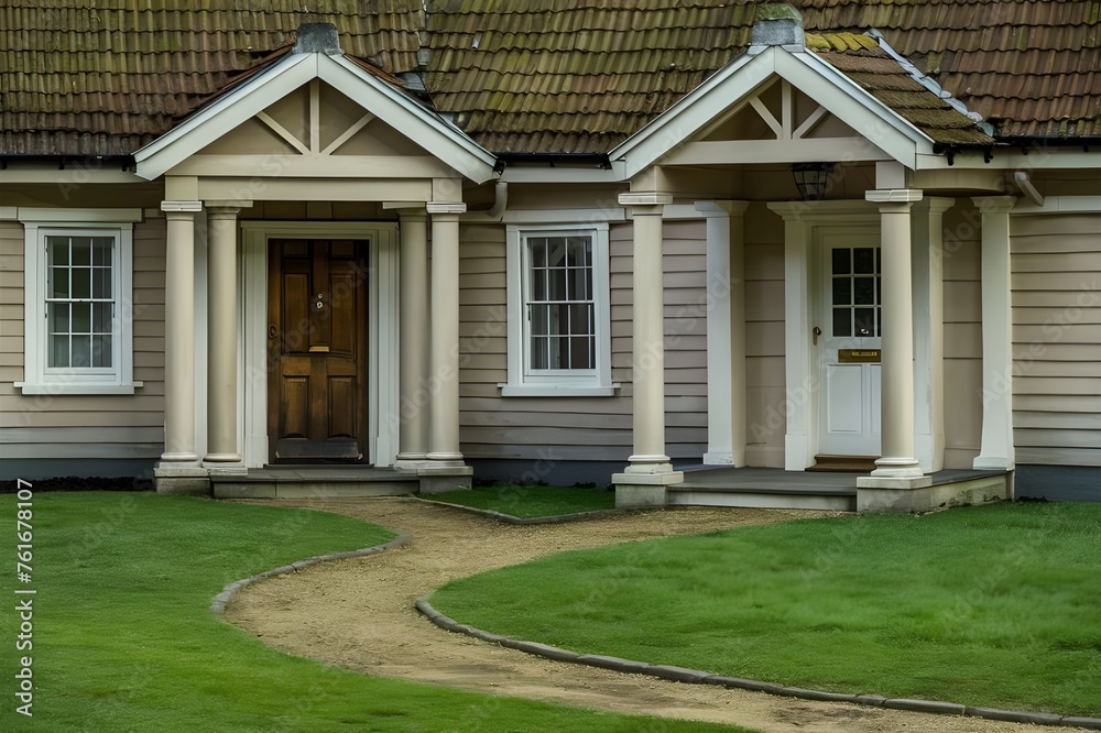 Main entrance door in house. Wooden front door with gabled porch and landing. Exterior of georgian style home cottage with columns