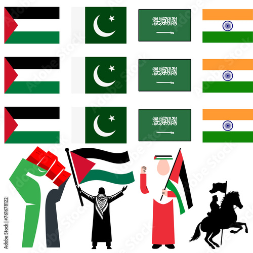 palestine flag pakistani flag saudia arabiya flag indian flag illustration set national flags country or Palestine flag or Pakistani flag or Saudia Arabiya flag or Indian flag white background  photo