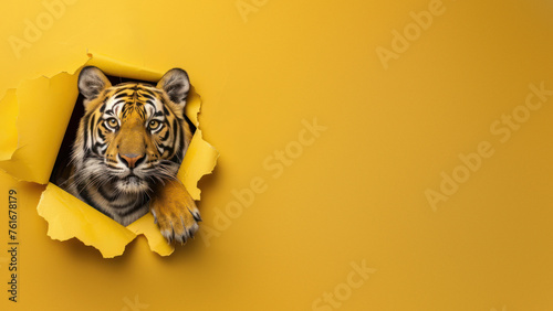 A thought-provoking portrait of a tiger thoughtfully emerging from a torn yellow paper background
