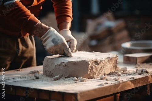 Professional mason laying bricks with precision using pan knife and cement mortar