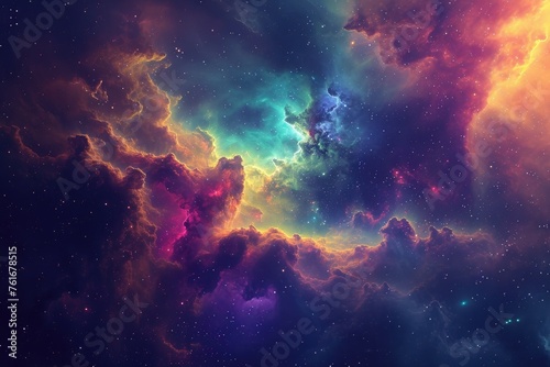 A vibrant space scene featuring numerous stars and swirling clouds, A vibrant interstellar cloudscape unfolding in the heart of a galaxy, AI Generated