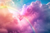 A vibrant rainbow stretches across the sky, accompanied by a heart-shaped cloud, A vibrant rainbow ending in heart-shaped clouds, AI Generated