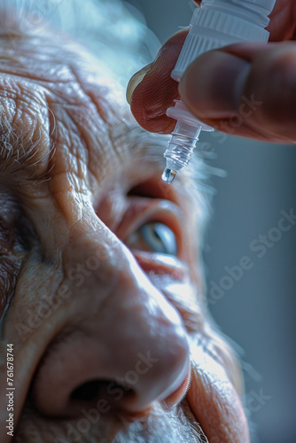 gros plan sur une personne âgée qui se met des gouttes de collyre dans l’œil