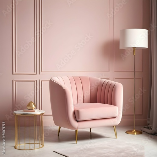 decor-A-minimalist-armchair-in-a-soft-blush-pink-velvet-fabric--paired-with-slender-gold-legs-and-placed-in-a-light-filled-room-with-minimalist-decor © Zulfi_Art