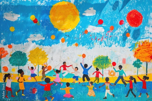 Children Playing in a Park Painting, A vibrant scene of a school field day, filled with childhood joy and competition, AI Generated