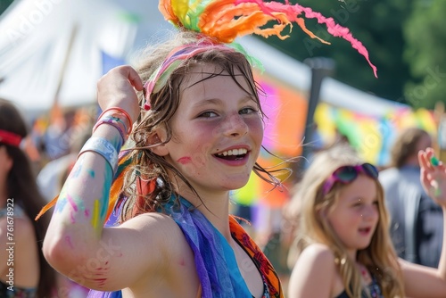 A young girl is pictured wearing a vibrant headdress on her head  A vibrant summer festival full of youth and laughter  AI Generated
