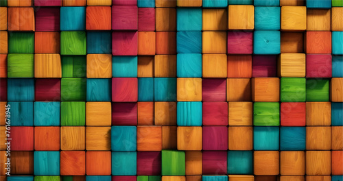 3D Rainbow various wood pieces creating an interesting pattern like saqure. colorful wooden square cubes