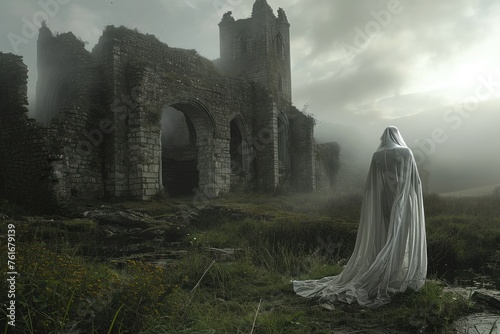 A woman wearing a white dress stands confidently in front of a majestic castle, A Victorian era ghost, translucent and mourning, among the ruins of a castle, AI Generated