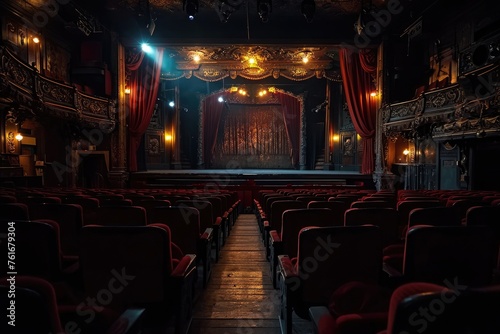 A photo of an abandoned theater with red seats and curtains, devoid of any audience or performers, A Victorian era theatre with phantom attendees, AI Generated