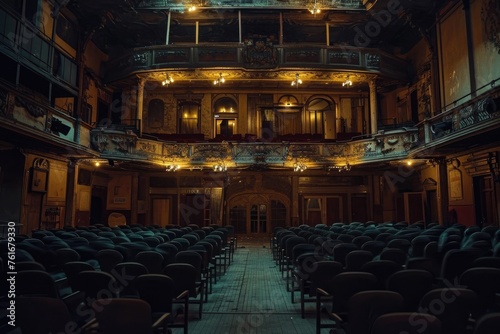 An auditorium with rows of chairs perfectly aligned, creating a tidy and orderly space, A Victorian era theatre with phantom attendees, AI Generated © Iftikhar alam