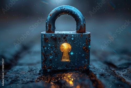 Symbol of Strength Amidst Vulnerability A Solitary Lock Glistening with Raindrops, Capturing the Essence of Security in Nature’s Embrace. photo