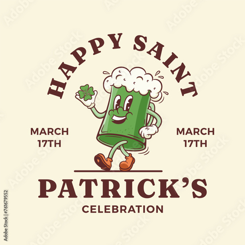 Beer Cartoon Groovy Mascot Retro Label Illustration. Vintage Alcohol Drink Glass Smiling, Walking with the Clover Shamrock Leaves in Hand. Rubber Hose Style. Saint Patrick Holiday Logo Isolated photo