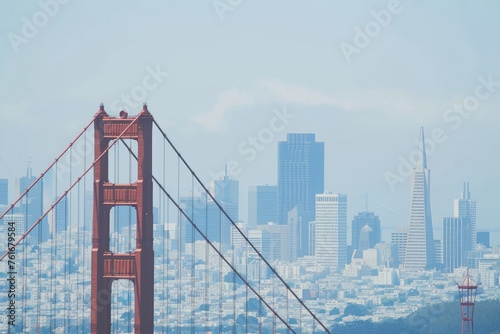 A clear view of the iconic Golden Gate Bridge spanning over the waters of San Francisco Bay, A view of San Francisco's skyline with the Golden Gate Bridge in frame, AI Generated