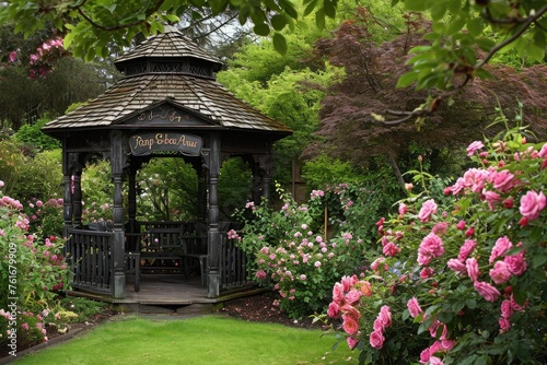 A gazebo in a garden, adorned with pink flowers, stands as the focal point of this photo, A vintage gazebo set in a victorian-style garden surrounded by blooming roses, AI Generated