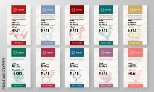Organic Meat, Poultry, Vegetables Vector Packaging Design Textured Label Templates Set. Beef, Chicken, Herbs Food Product Banners. Hand Drawn Domestic Animals Backgrounds Layout Collection Isolated