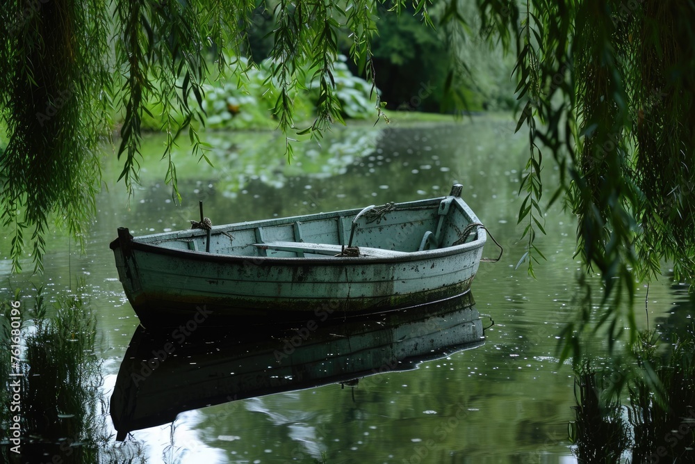 Small Boat Floating on Clear Blue Lake, A vintage row boat floating idly over a mirror-like pond, under hanging willow branches, AI Generated Small Boat Floating on Clear Blue Lake, A vintage row boat floating idly over a mirror-like pond, under hanging willow branches, AI Generated