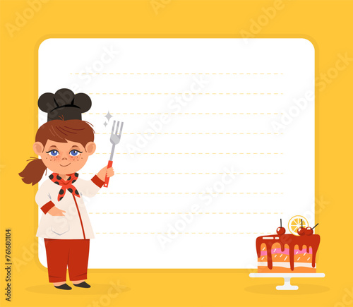 Recipe Card with Happy Girl Chef in Toque with Cake Vector Template