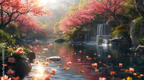 Beautiful spring garden with blooming cherry blossoms and waterfalls