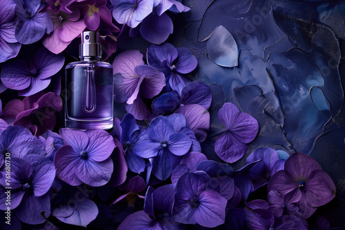 Elegant perfume bottle among purple hydrangeas