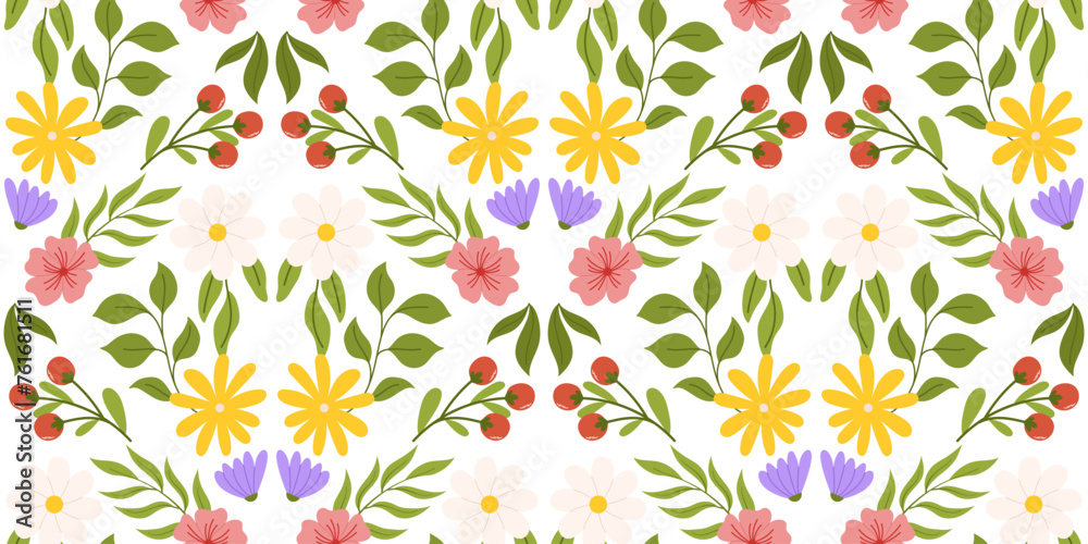 Seamless pattern with floral elements. Botanical inspired repeated design with white, yellow and lilac flowers, pink sakura flower, branch with red berries and different leaves