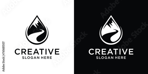 Water drop and mountain with river logo design template