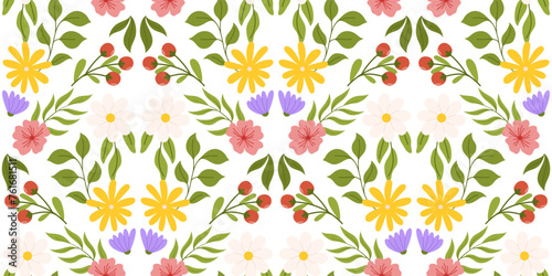 Seamless pattern with floral elements. Botanical inspired repeated design with white, yellow and lilac flowers, pink sakura flower, branch with red berries and different leaves