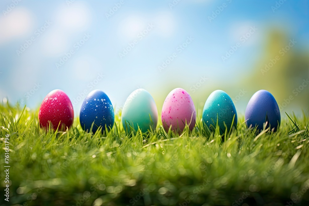 Row of Easter eggs in Fresh Green Grass - generative ai