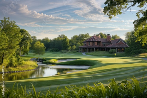 A well-maintained golf course featuring a house in the distance, providing a scenic backdrop for golfers, A 19th hole clubhouse nestled amidst a beautiful golf course, AI Generated photo
